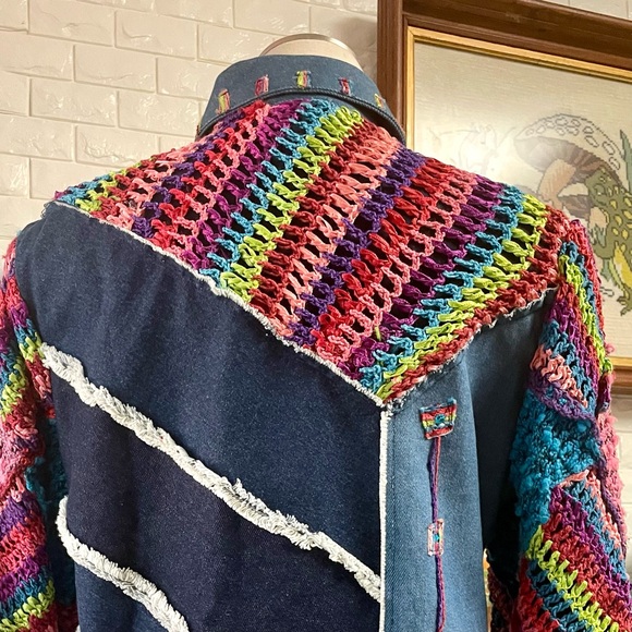 Vintage Sandy Starkman Crochet Sequin Patchwork Denim Jean Jacket - Picture 9 of 16